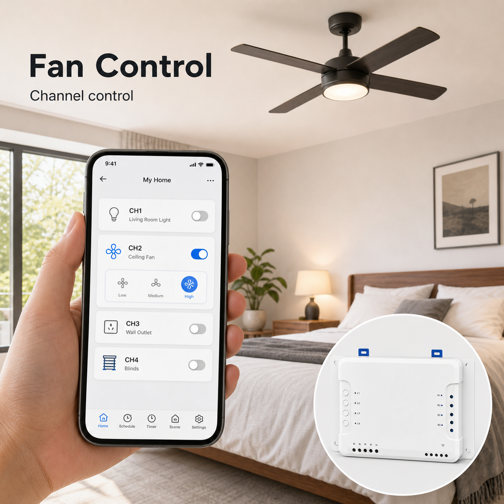 Fan control lifestyle image with 4-channel relay app