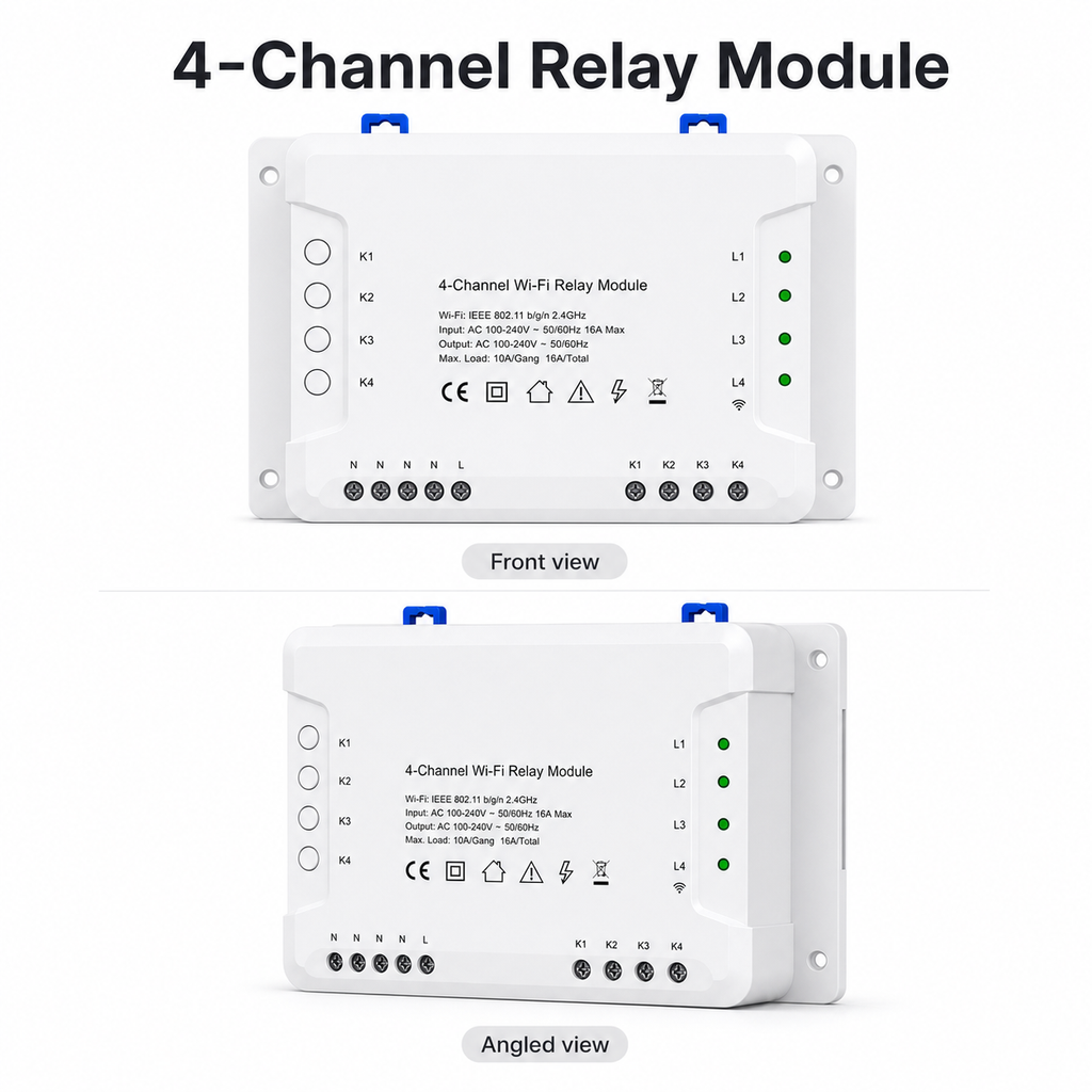 Front and angled studio views of 4-channel Wi-Fi relay module