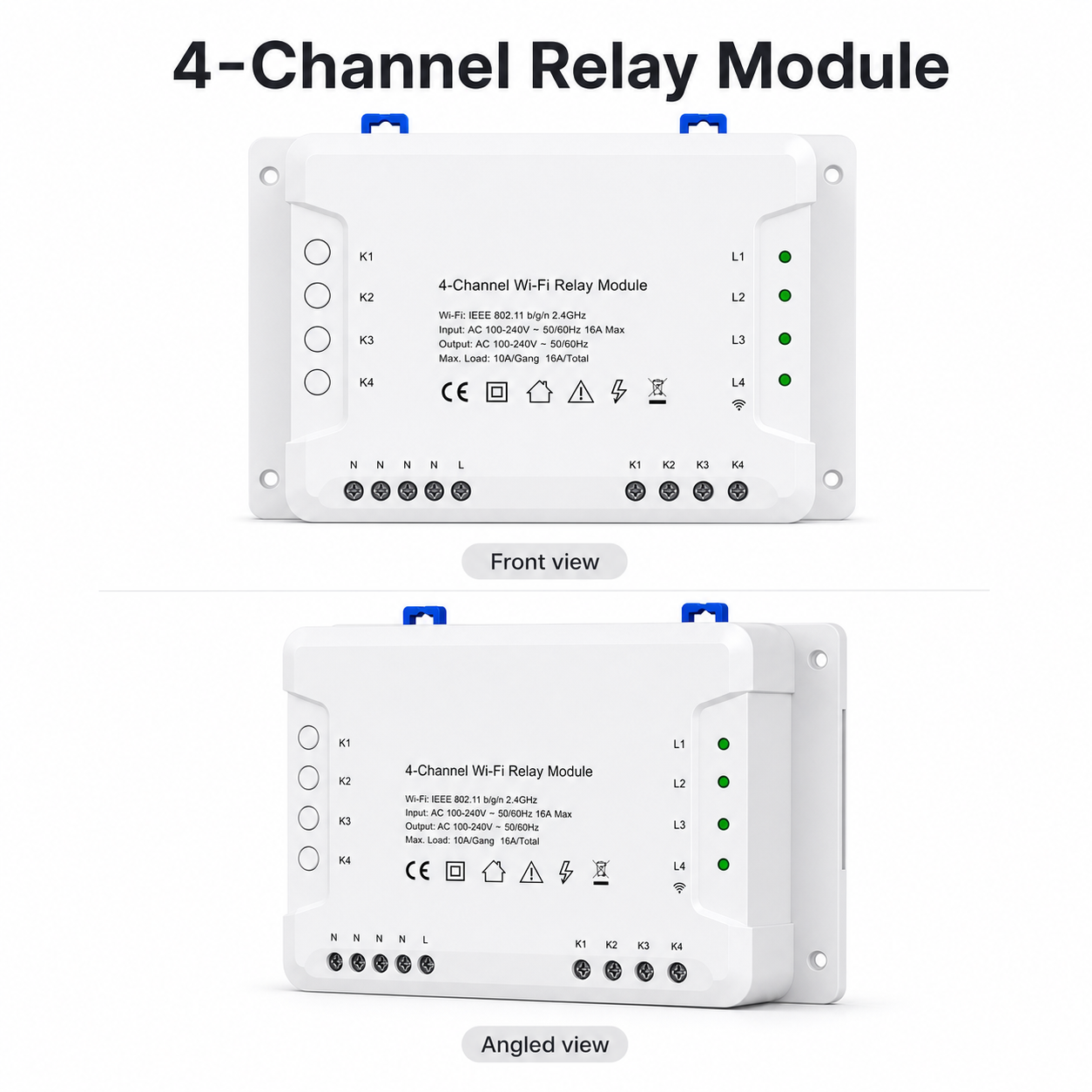 Front and angled studio views of 4-channel Wi-Fi relay module