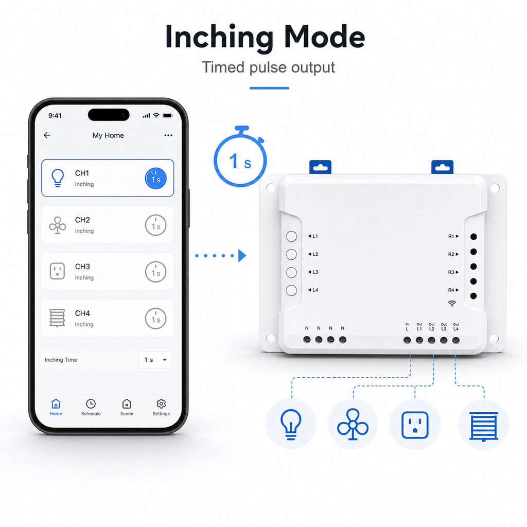 Inching mode timer control for 4-channel relay