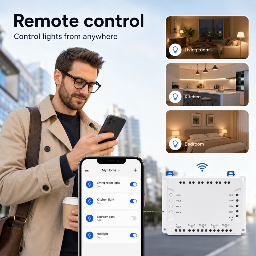 Remote control app interface for 4-channel Wi-Fi relay
