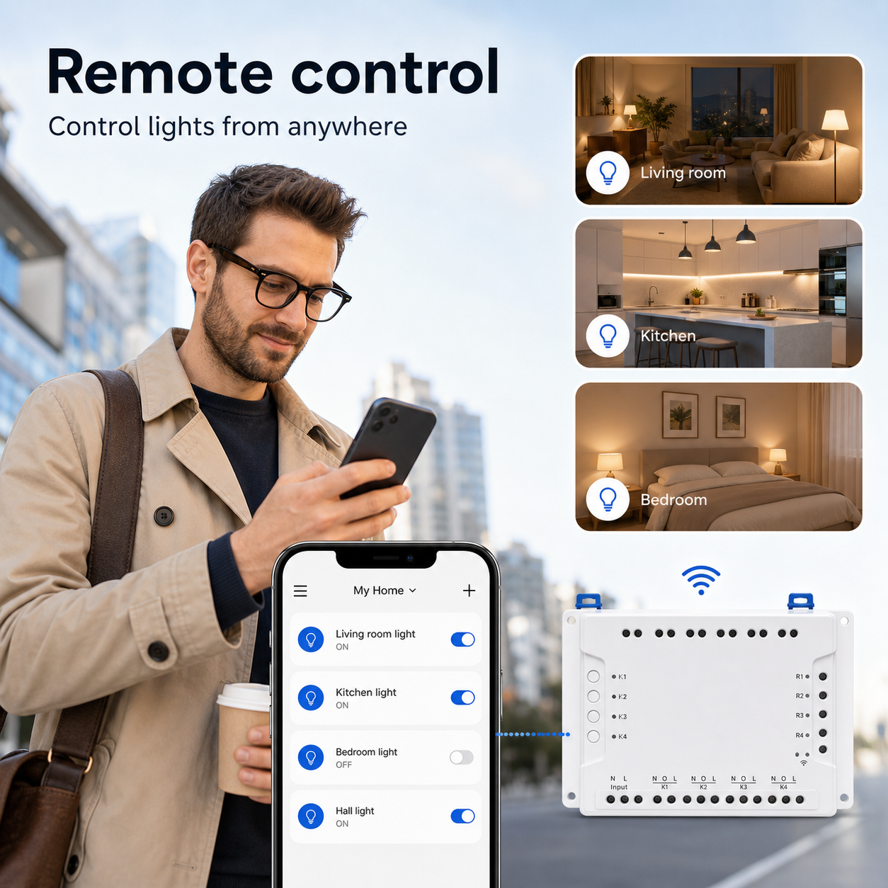 Remote control app interface for 4-channel Wi-Fi relay