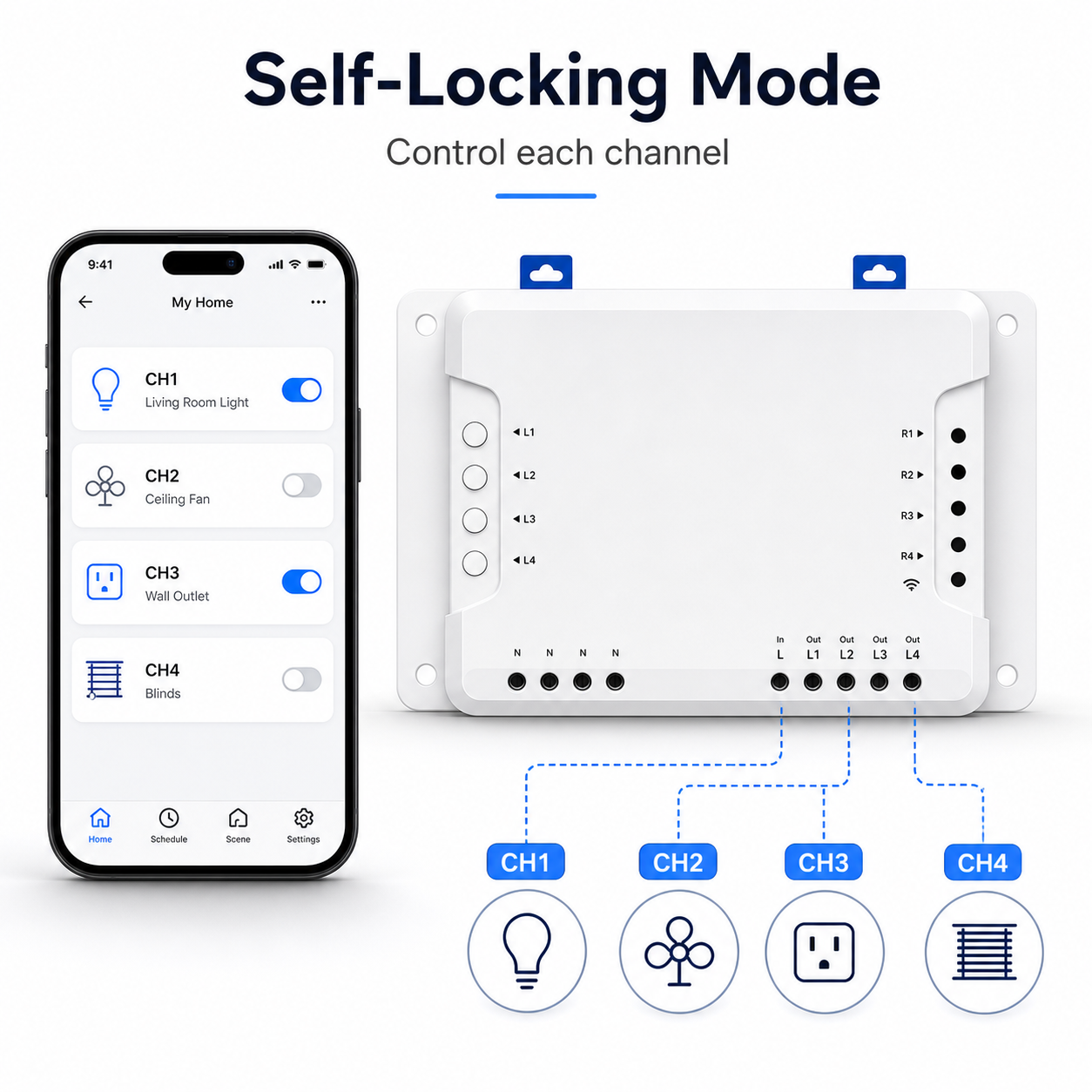 Self-locking mode app control for independent relay channels