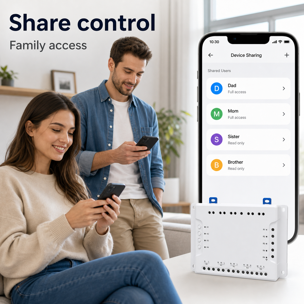 Family access sharing interface for 4-channel relay control