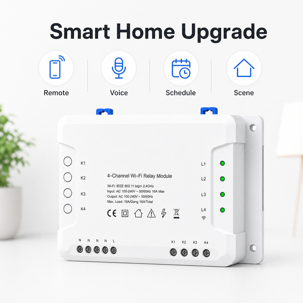 Feature overview for 4-channel Wi-Fi relay module with remote, voice, schedule and scene icons