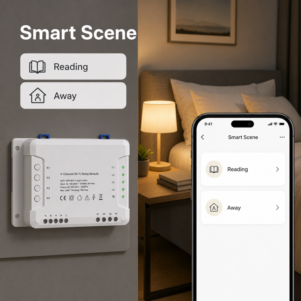 Smart scene control for 4-channel Wi-Fi relay module in a modern bedroom