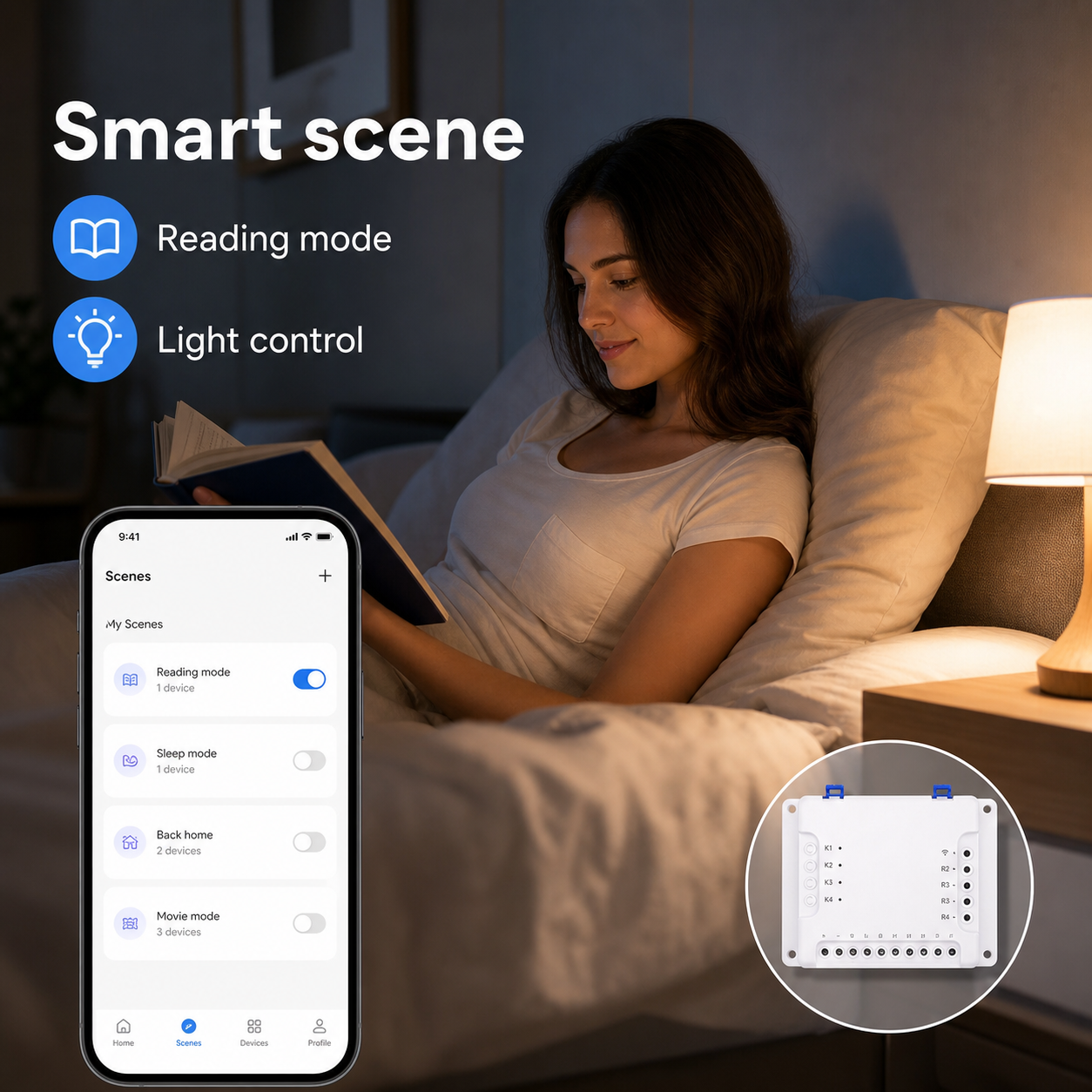 Smart scene control for bedroom lighting with 4-channel relay