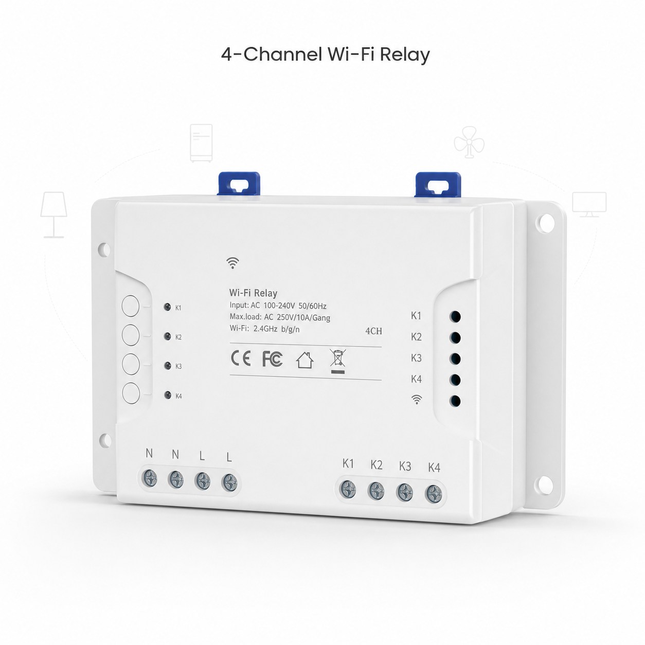 Studio packshot of a 4-channel Wi-Fi relay module with blue mounting clips