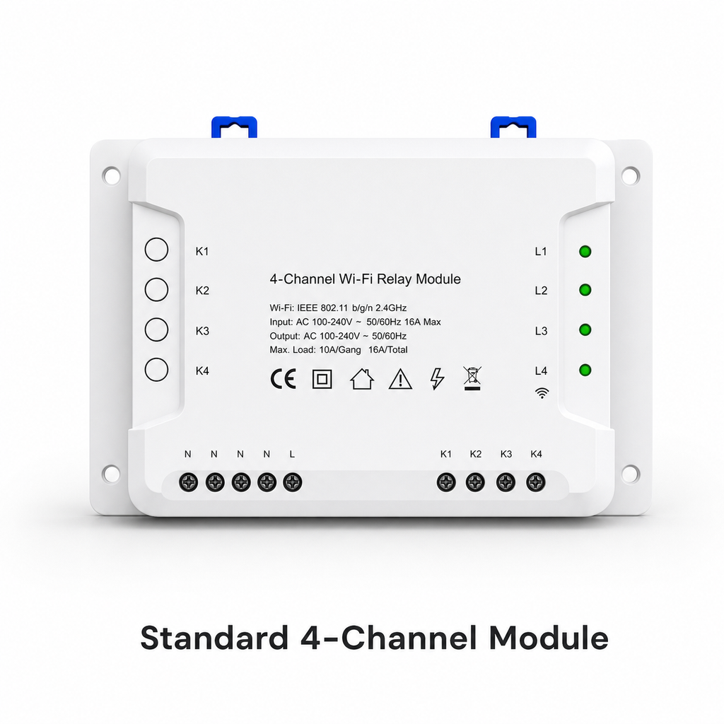 Studio packshot of standard 4-channel Wi-Fi relay module