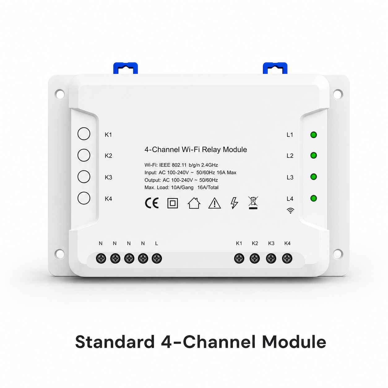 Studio packshot of standard 4-channel Wi-Fi relay module