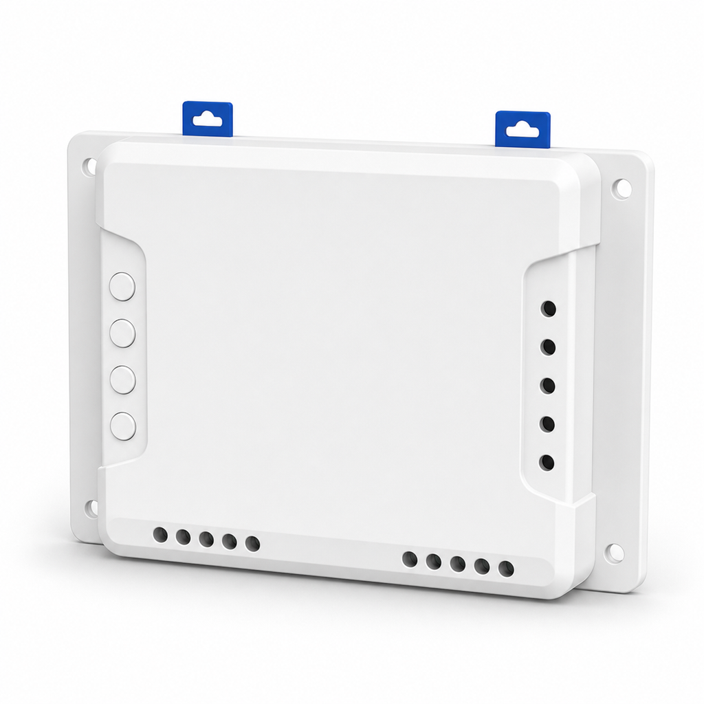 Studio packshot of 4-channel Wi-Fi relay module