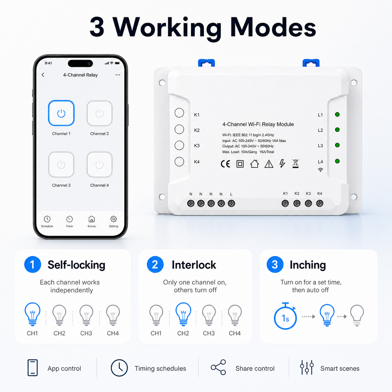 Three working modes for 4-channel Wi-Fi relay module: self-locking, interlock and inching