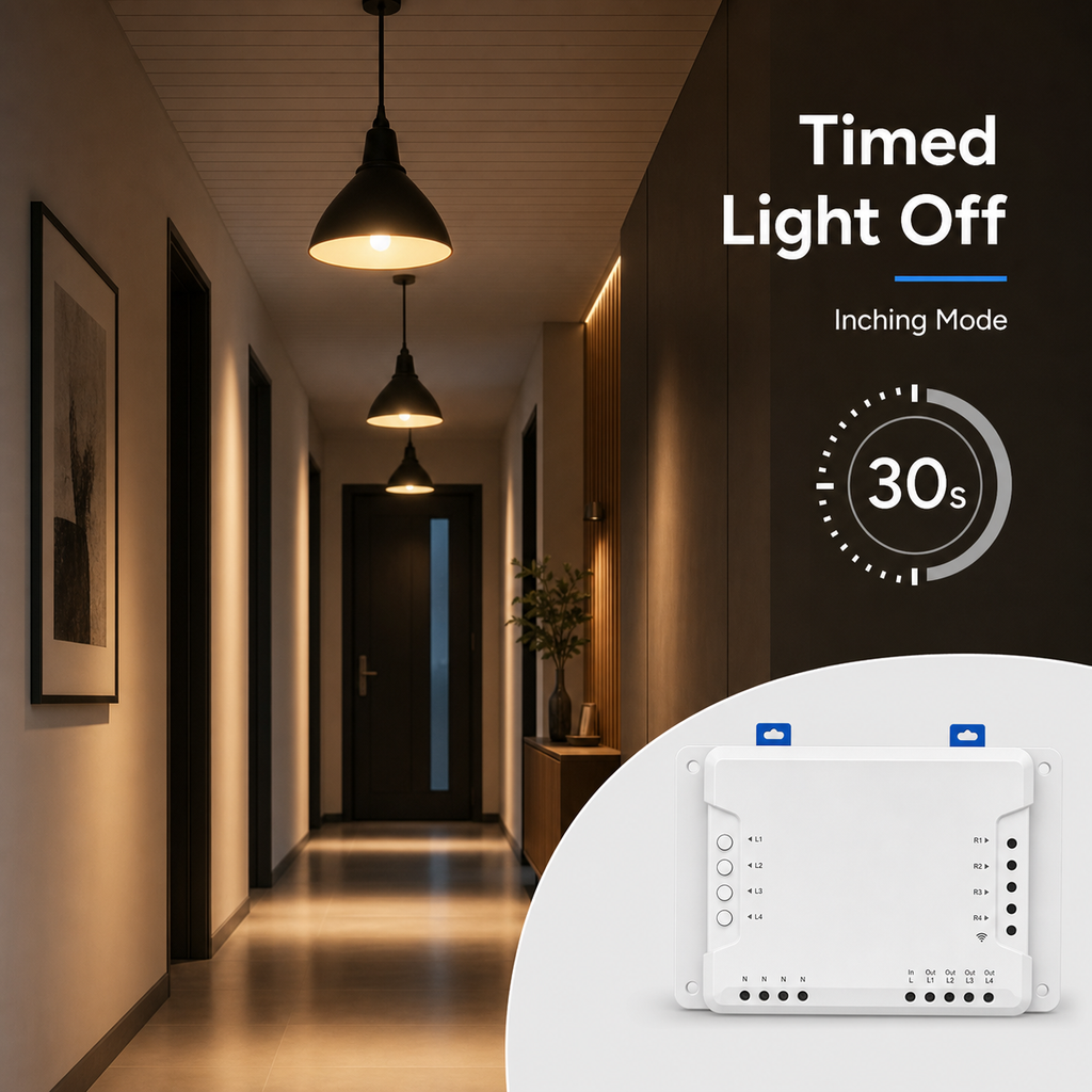 Timed light off hallway scene with inching mode relay