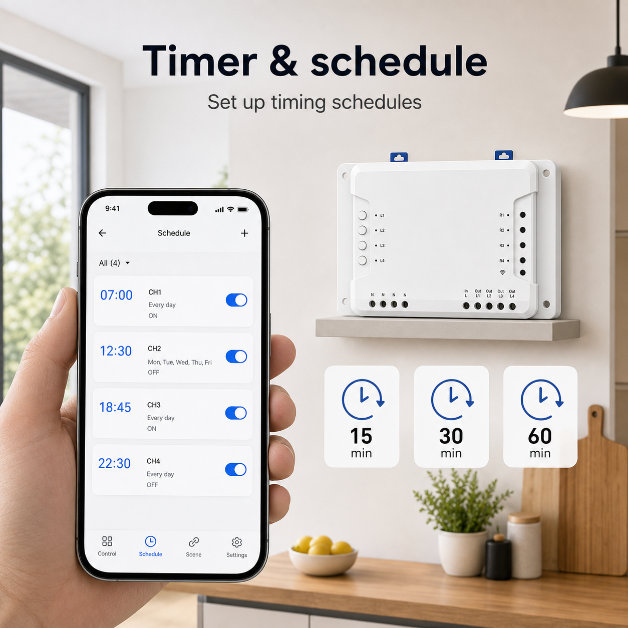 Timer and schedule app control for 4-channel Wi-Fi relay