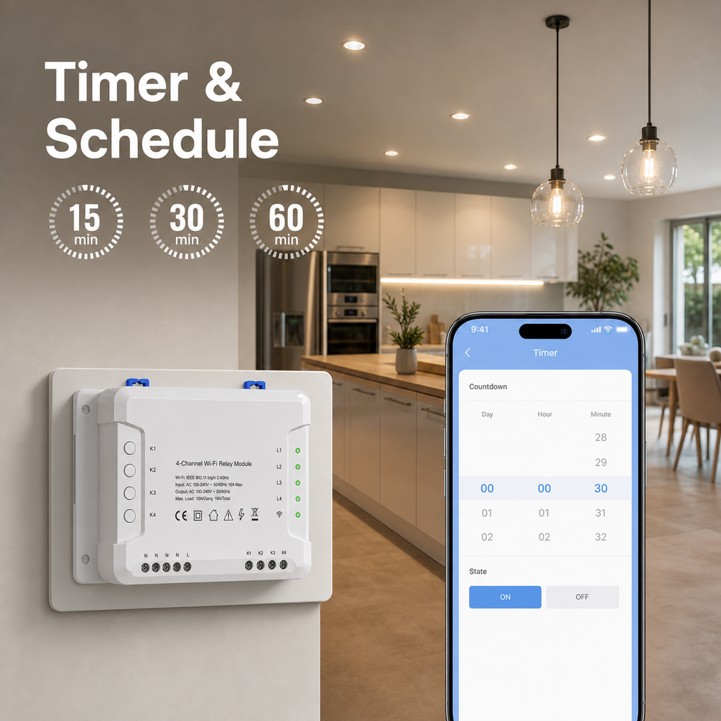 Timer and schedule control for 4-channel Wi-Fi relay module in a modern kitchen