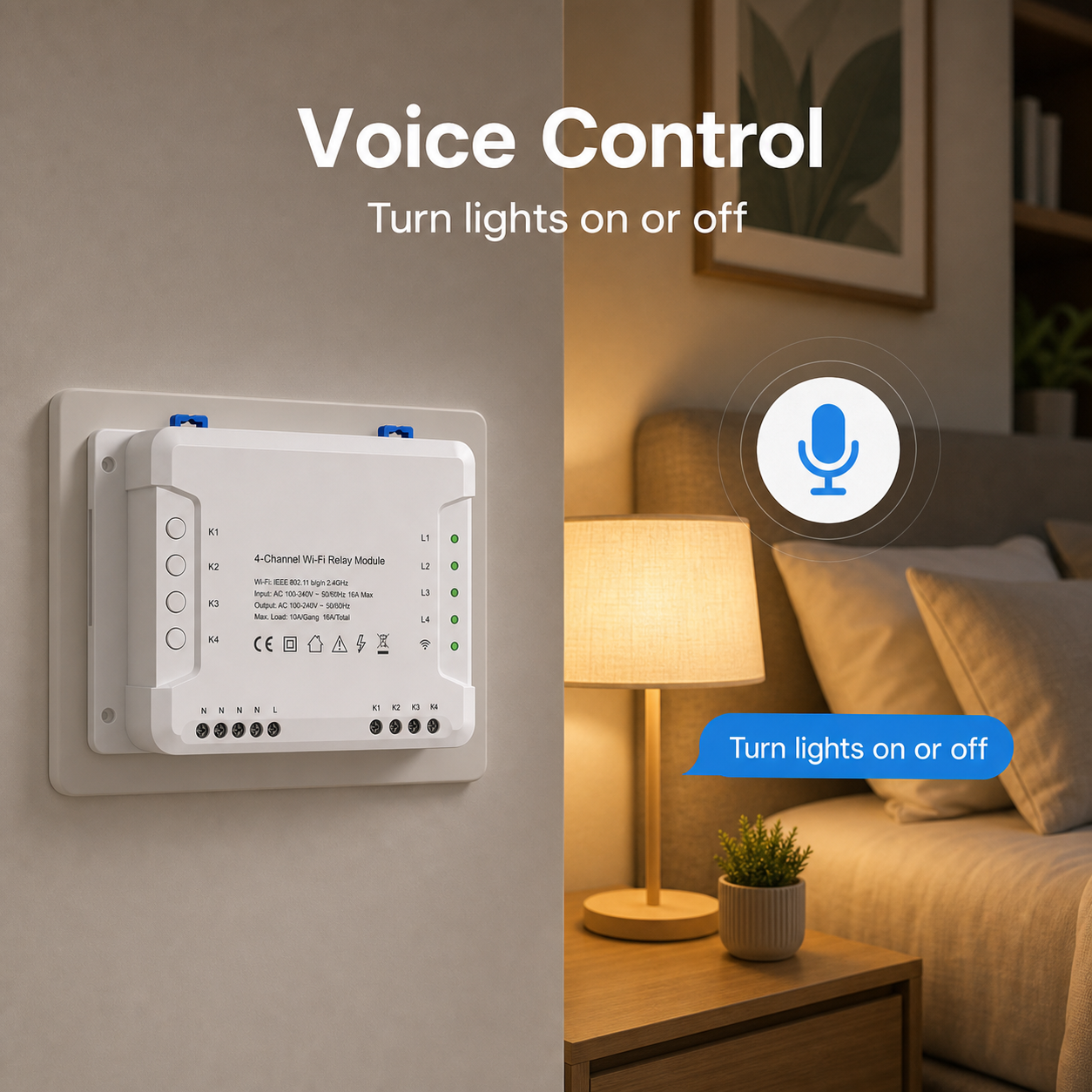Generic voice control for 4-channel Wi-Fi relay module and home lighting