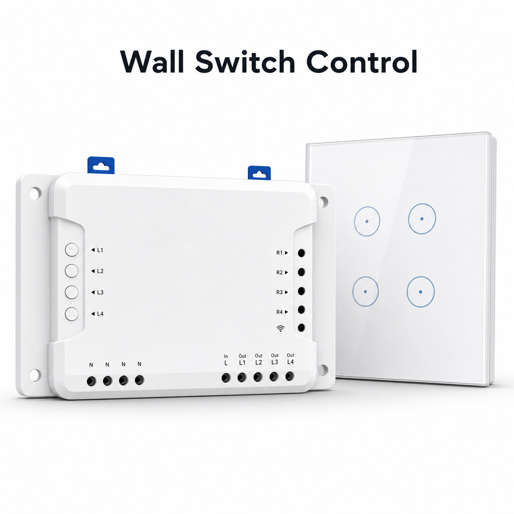 4-channel relay paired with generic wall switch control panel