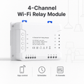 Studio packshot of 4-channel Wi-Fi relay module with app control, schedules and four-channel icons