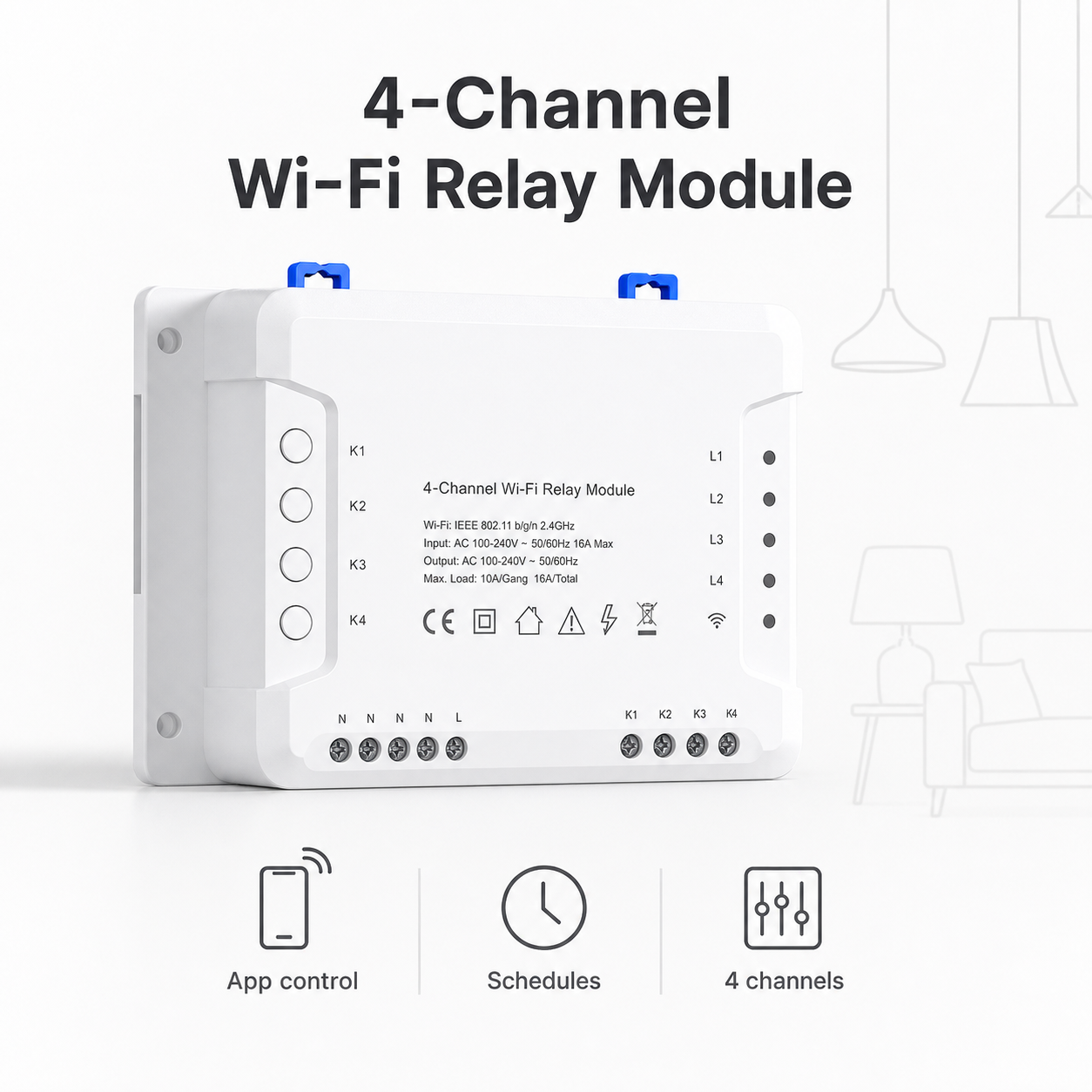 Studio packshot of 4-channel Wi-Fi relay module with app control, schedules and four-channel icons