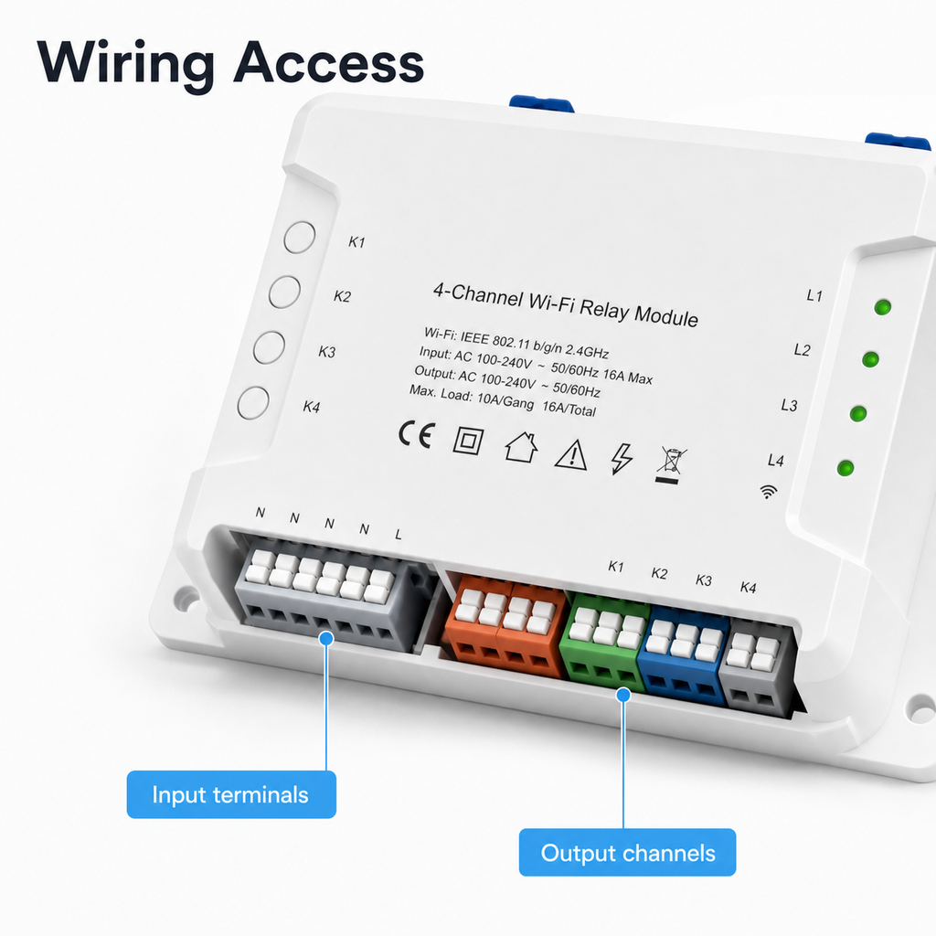 Close-up wiring terminal access for 4-channel Wi-Fi relay module