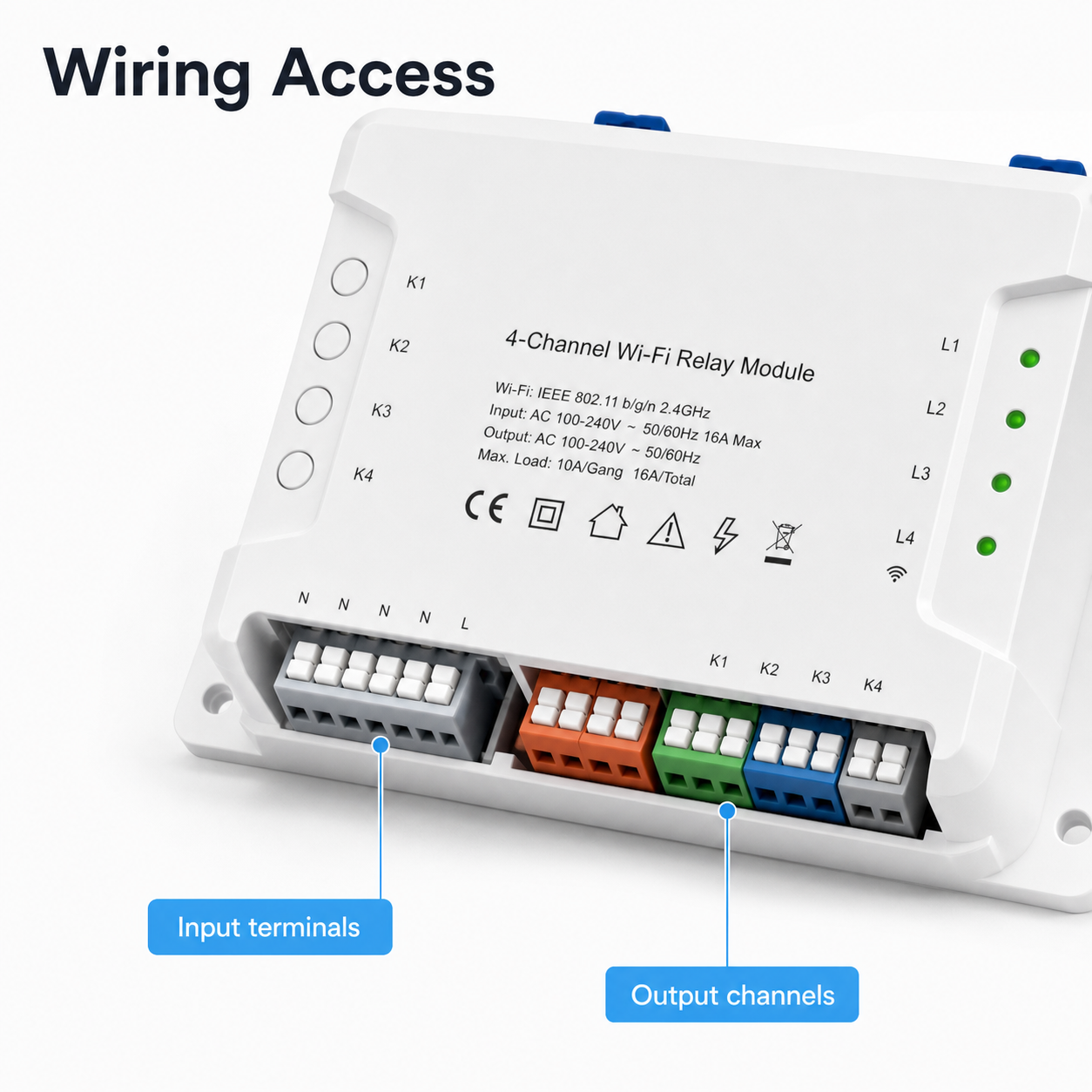 Close-up wiring terminal access for 4-channel Wi-Fi relay module