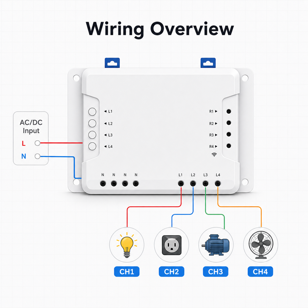 Wiring overview for 4-channel relay outputs