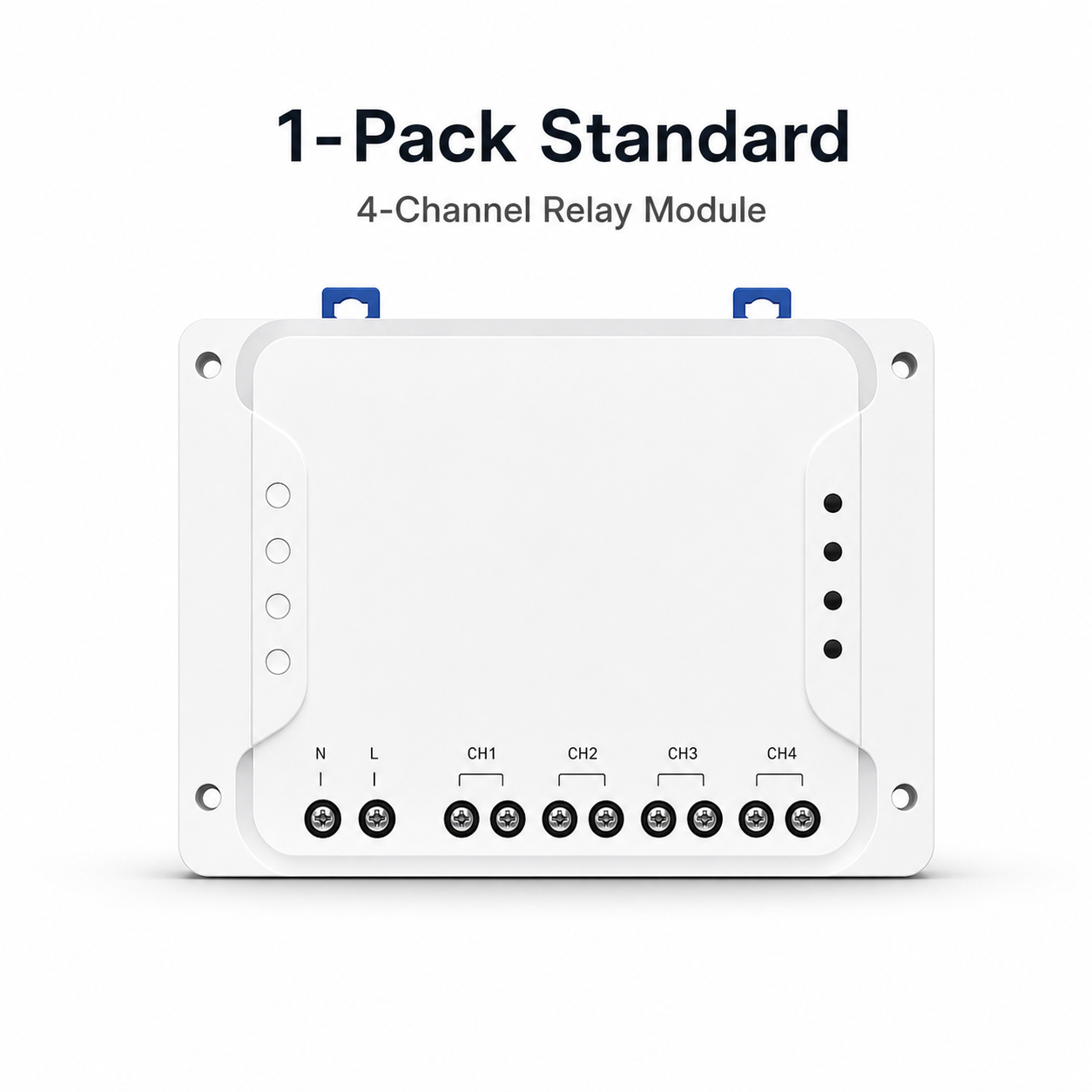Studio packshot of one standard 4-channel relay module