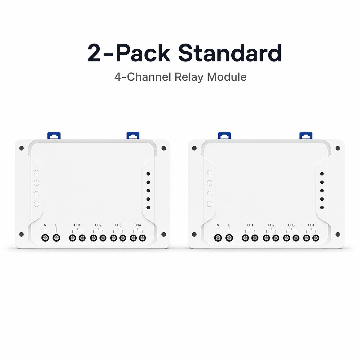 Studio packshot of two standard 4-channel relay modules
