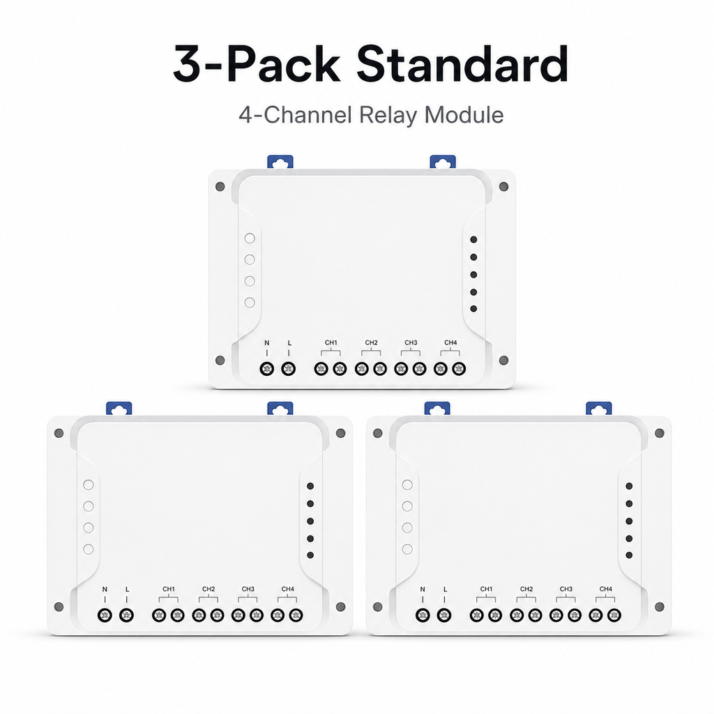 Studio packshot of three standard 4-channel relay modules