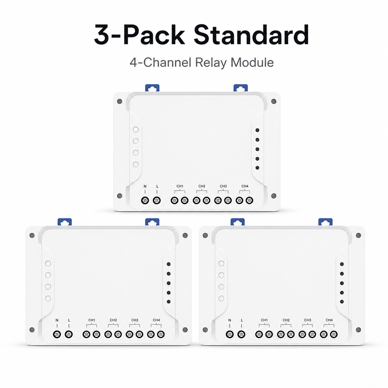 Studio packshot of three standard 4-channel relay modules