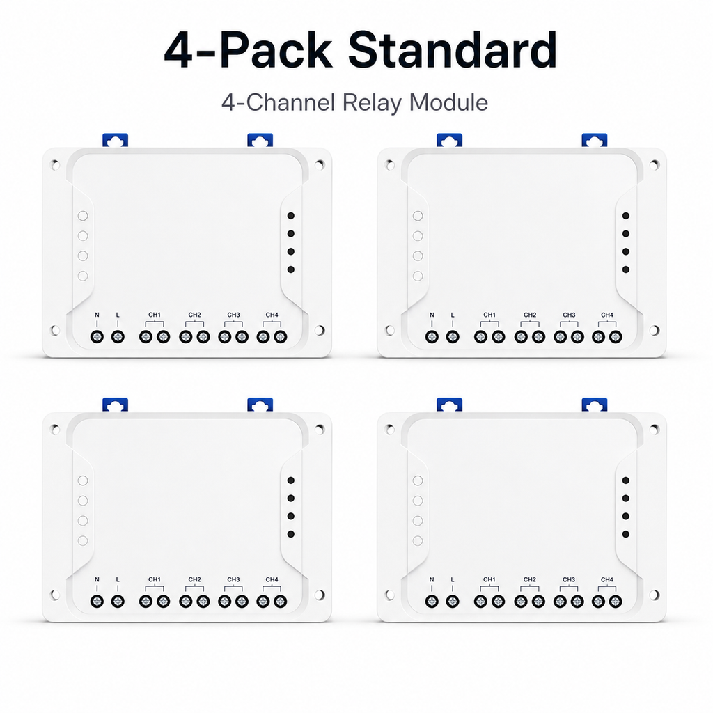 Studio packshot of four standard 4-channel relay modules
