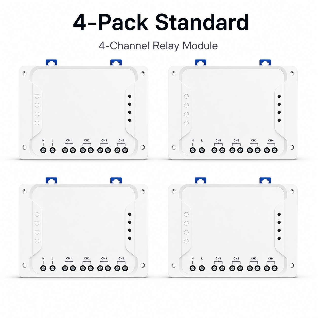 Studio packshot of four standard 4-channel relay modules