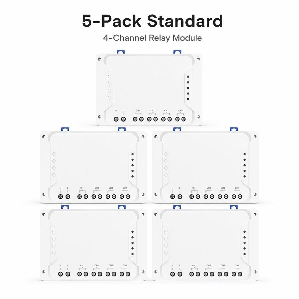 Studio packshot of five standard 4-channel relay modules