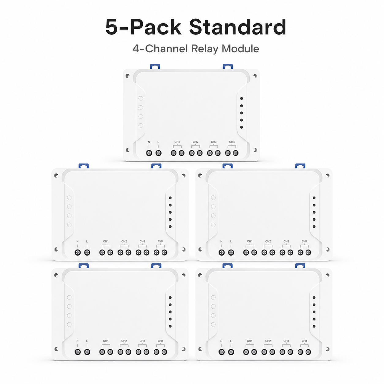 Studio packshot of five standard 4-channel relay modules