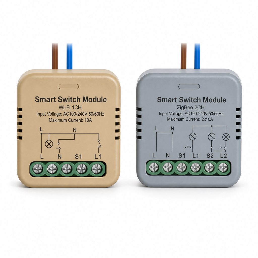 NéoRelay Compact Comfort Wi-Fi and ZigBee smart switch relay modules on white background