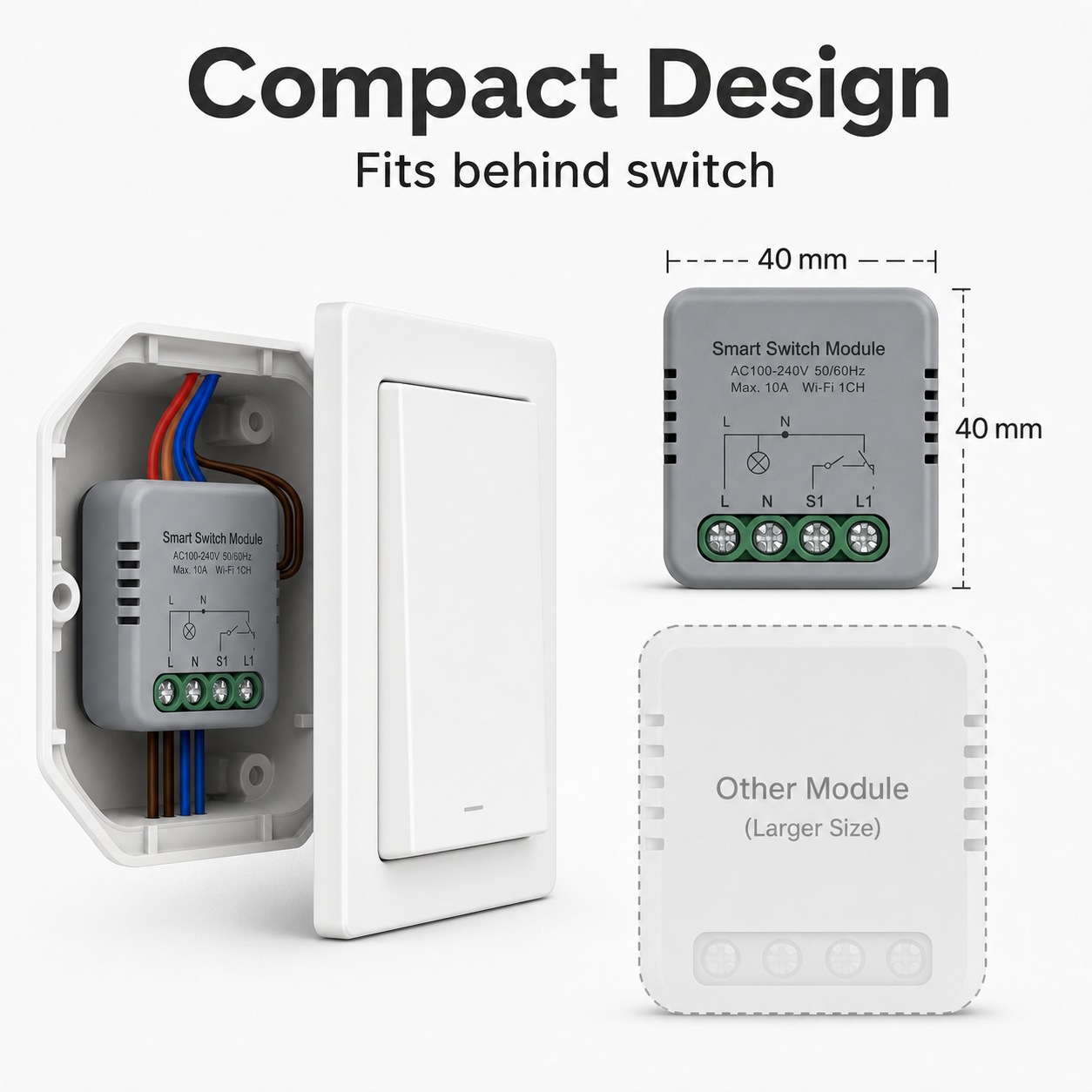 Compact smart relay module fitting behind a wall switch