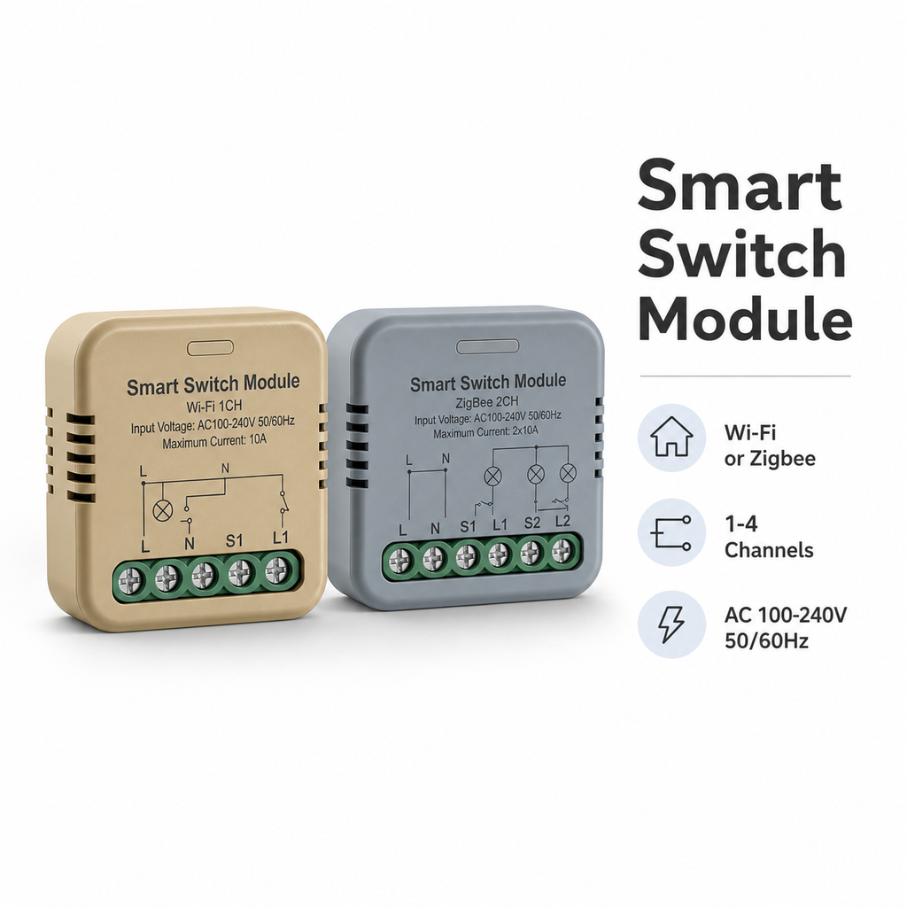 Studio packshot of Wi-Fi and Zigbee compact smart switch relay modules