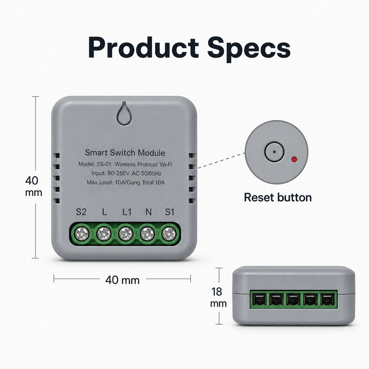 Product specification and dimensions for compact smart switch module