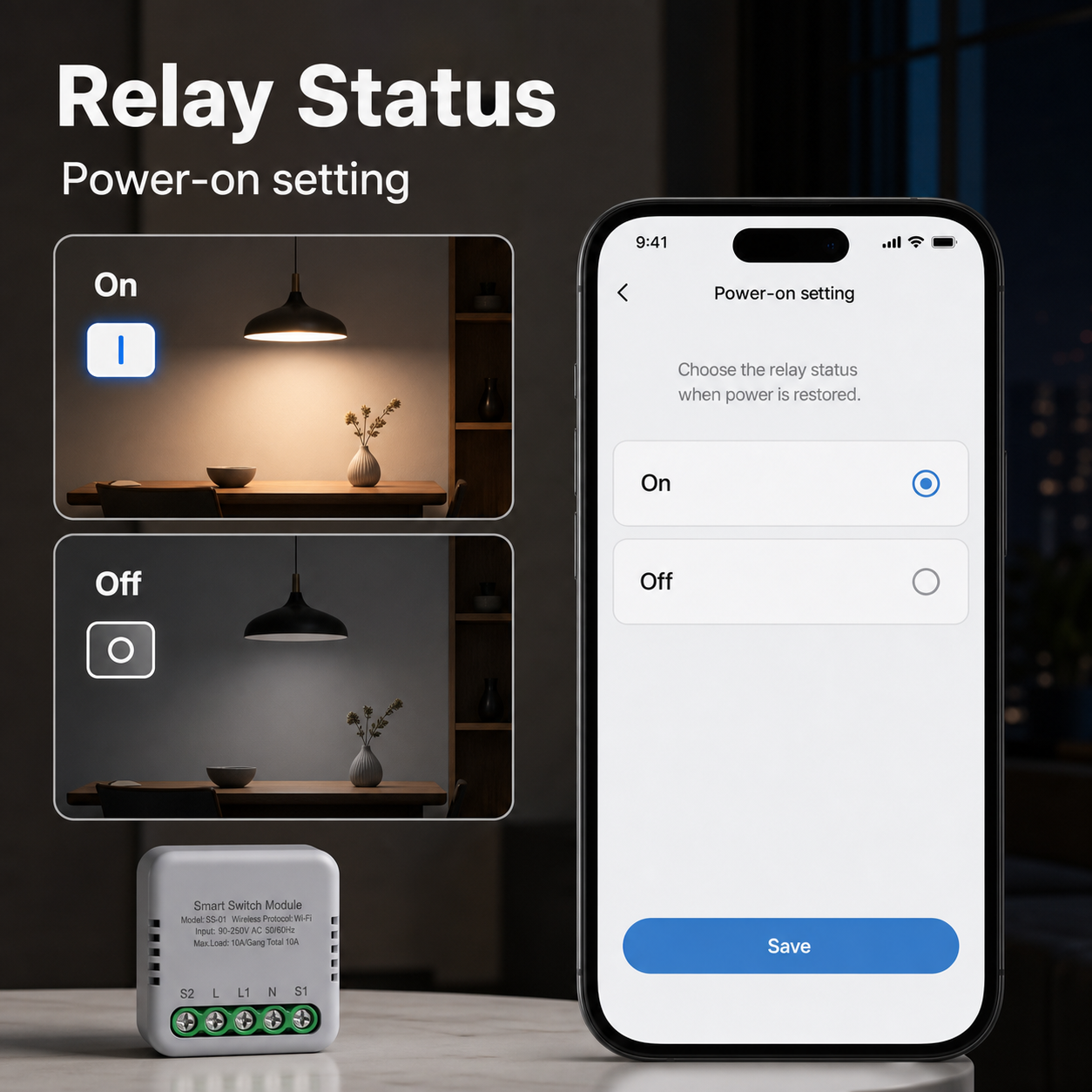 Relay status setting screen for compact smart switch module