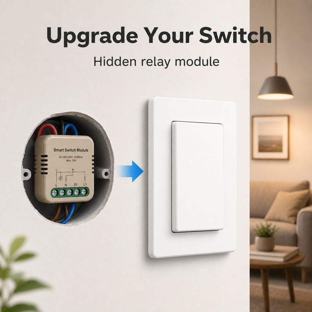 Hidden relay module upgrading a traditional wall switch
