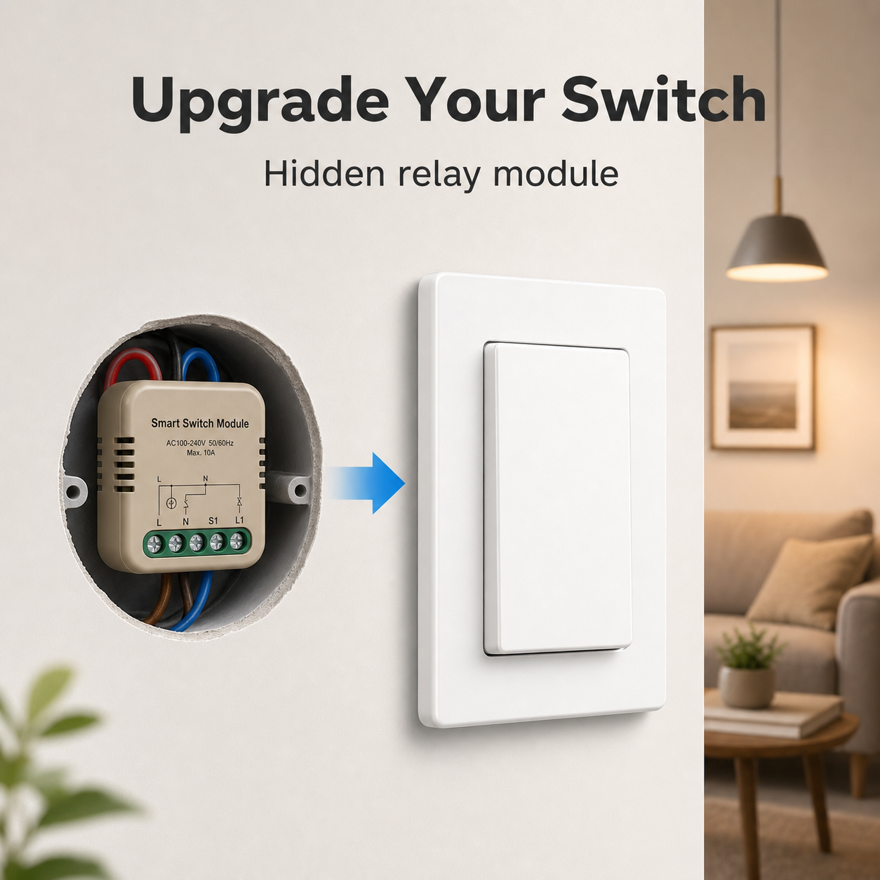 Hidden relay module upgrading a traditional wall switch