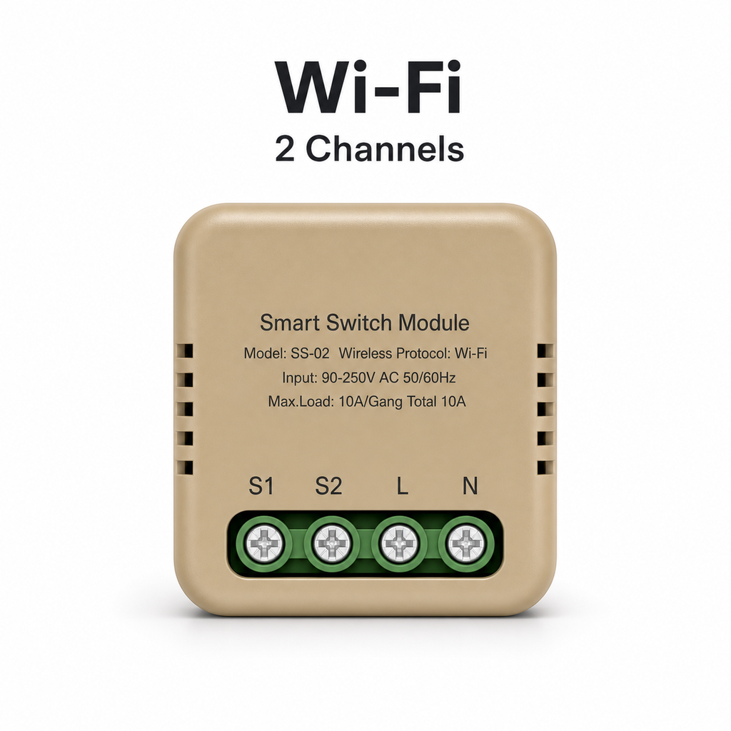 Studio packshot of Wi-Fi two channel smart switch module