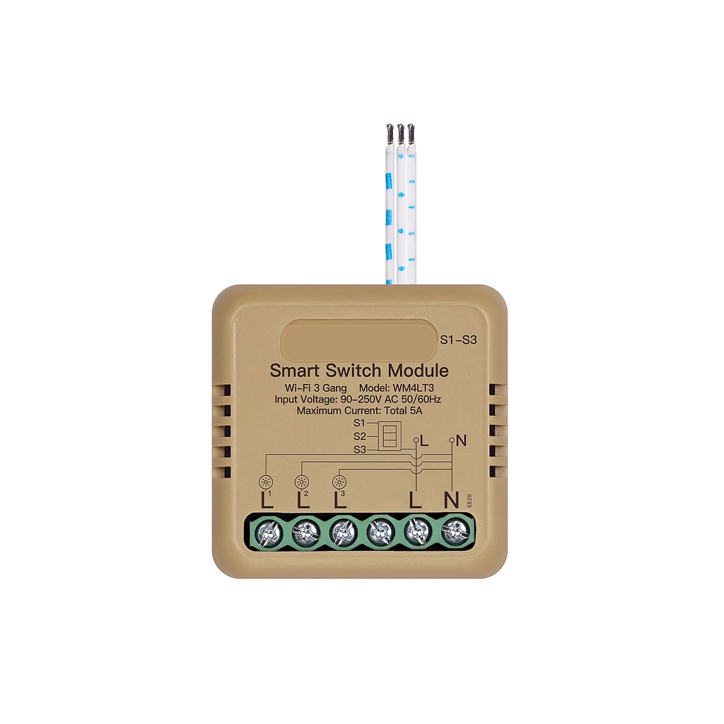 Module interrupteur connecté NéoRelay Compact Comfort Wi-Fi 3 voies sur fond blanc