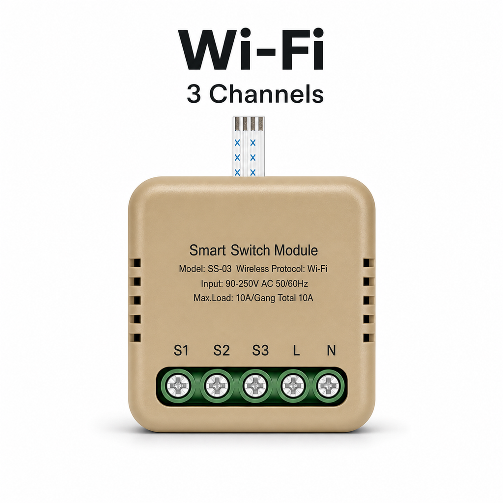 Studio packshot of Wi-Fi three channel smart switch module