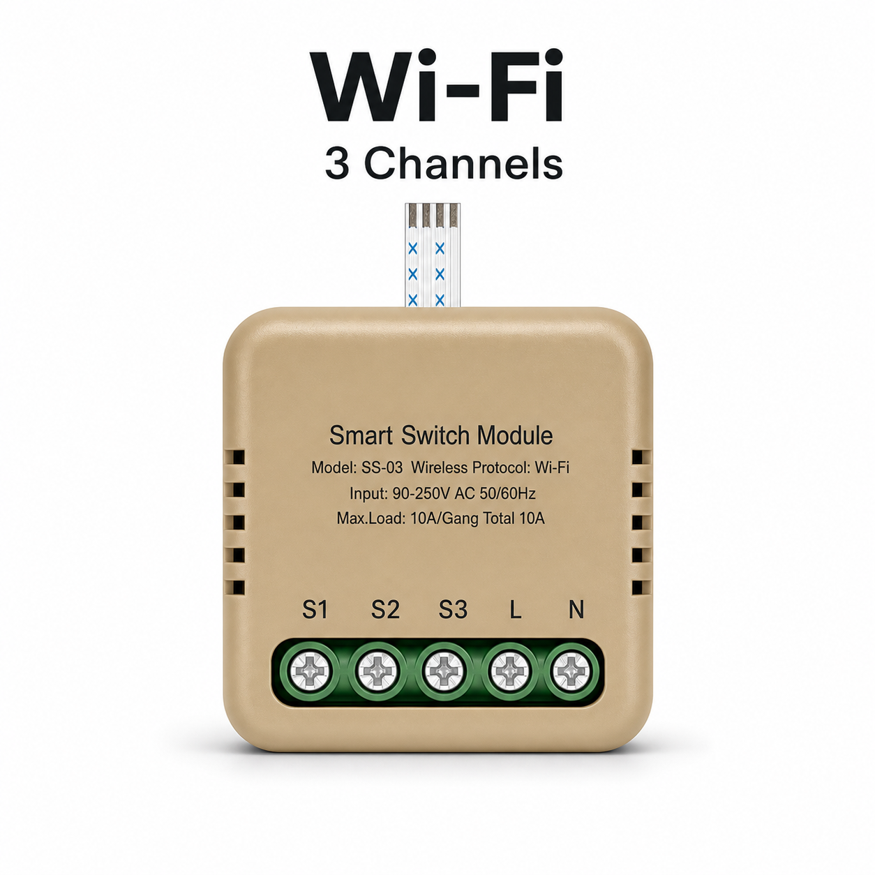 Studio packshot of Wi-Fi three channel smart switch module