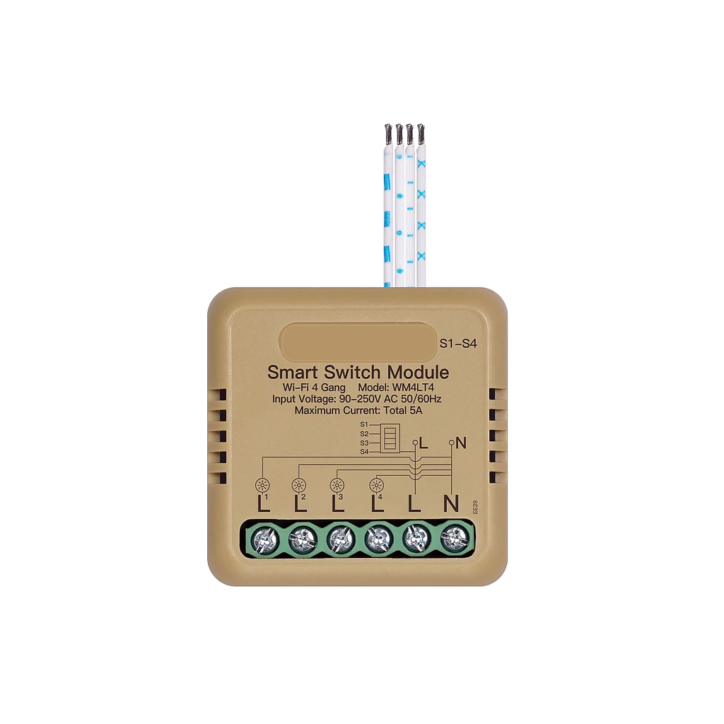 Module interrupteur connecté NéoRelay Compact Comfort Wi-Fi 4 voies sur fond blanc