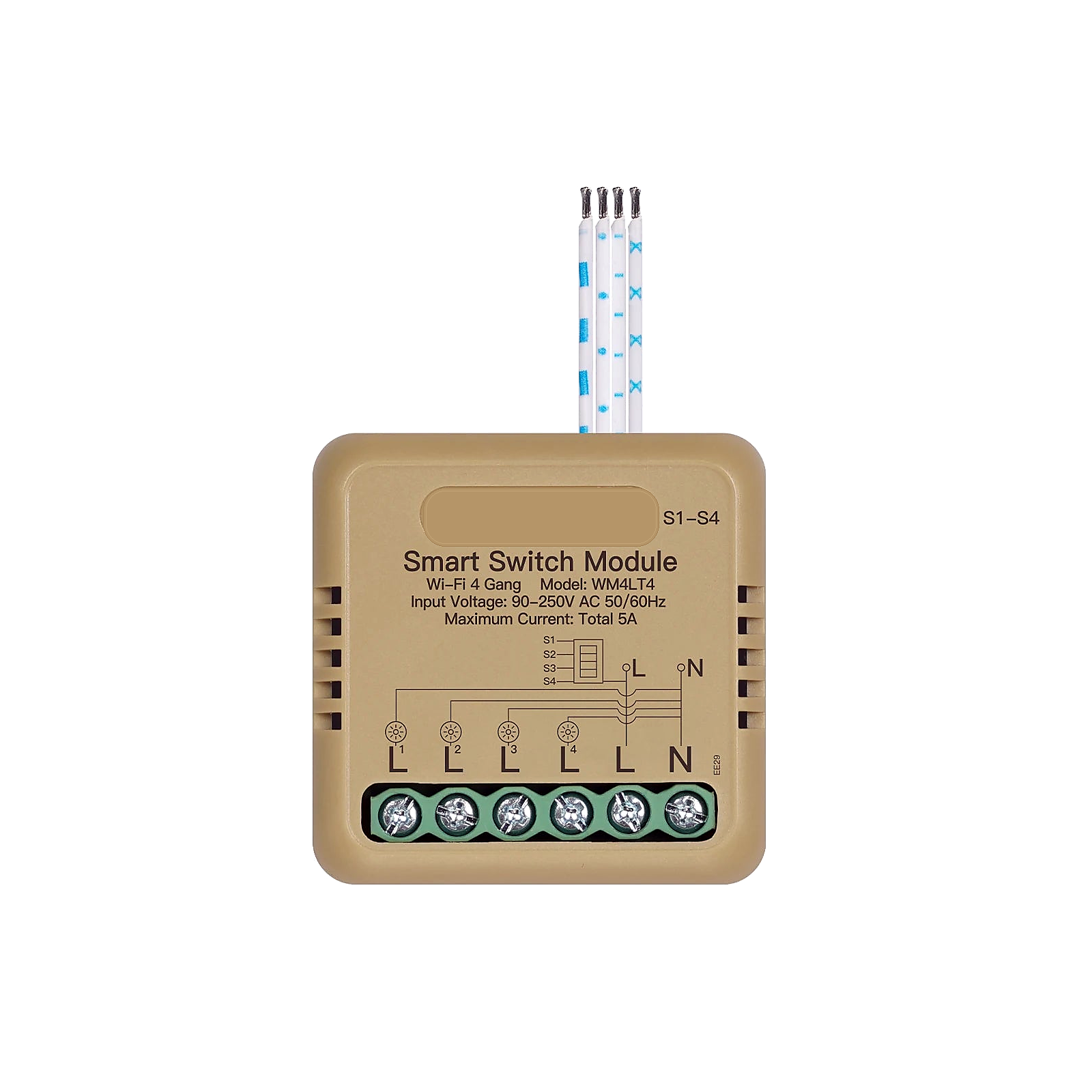 Module interrupteur connecté NéoRelay Compact Comfort Wi-Fi 4 voies sur fond blanc