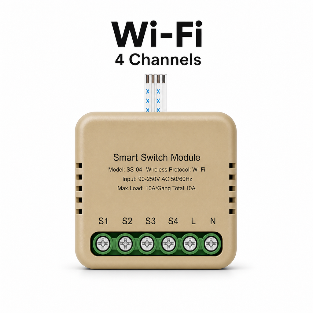 Studio packshot of Wi-Fi four channel smart switch module