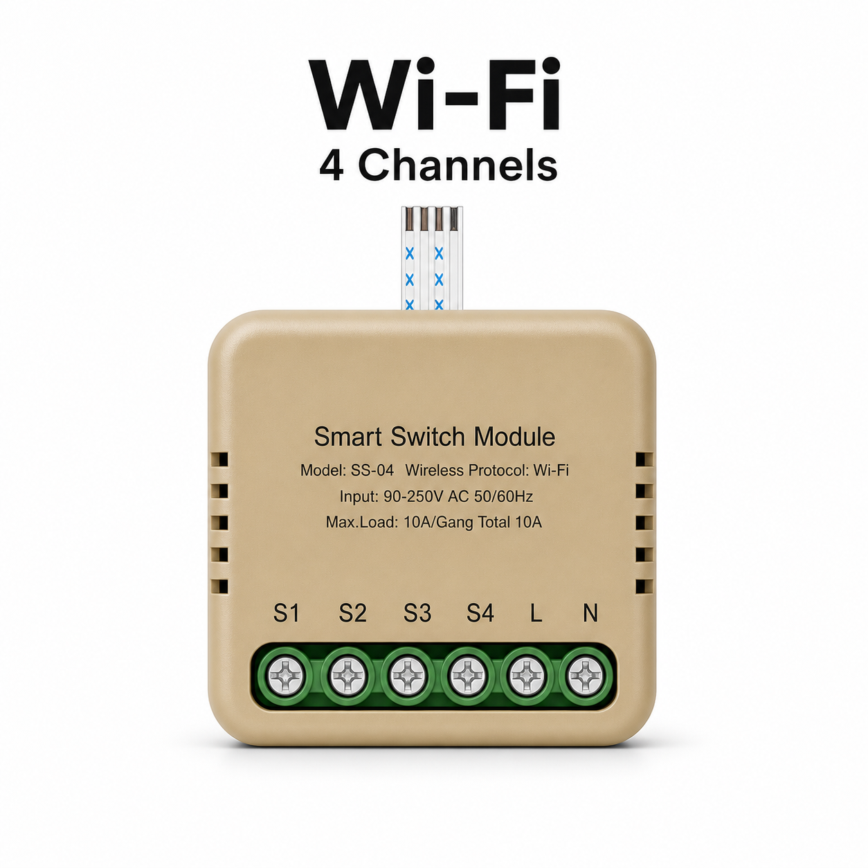 Studio packshot of Wi-Fi four channel smart switch module
