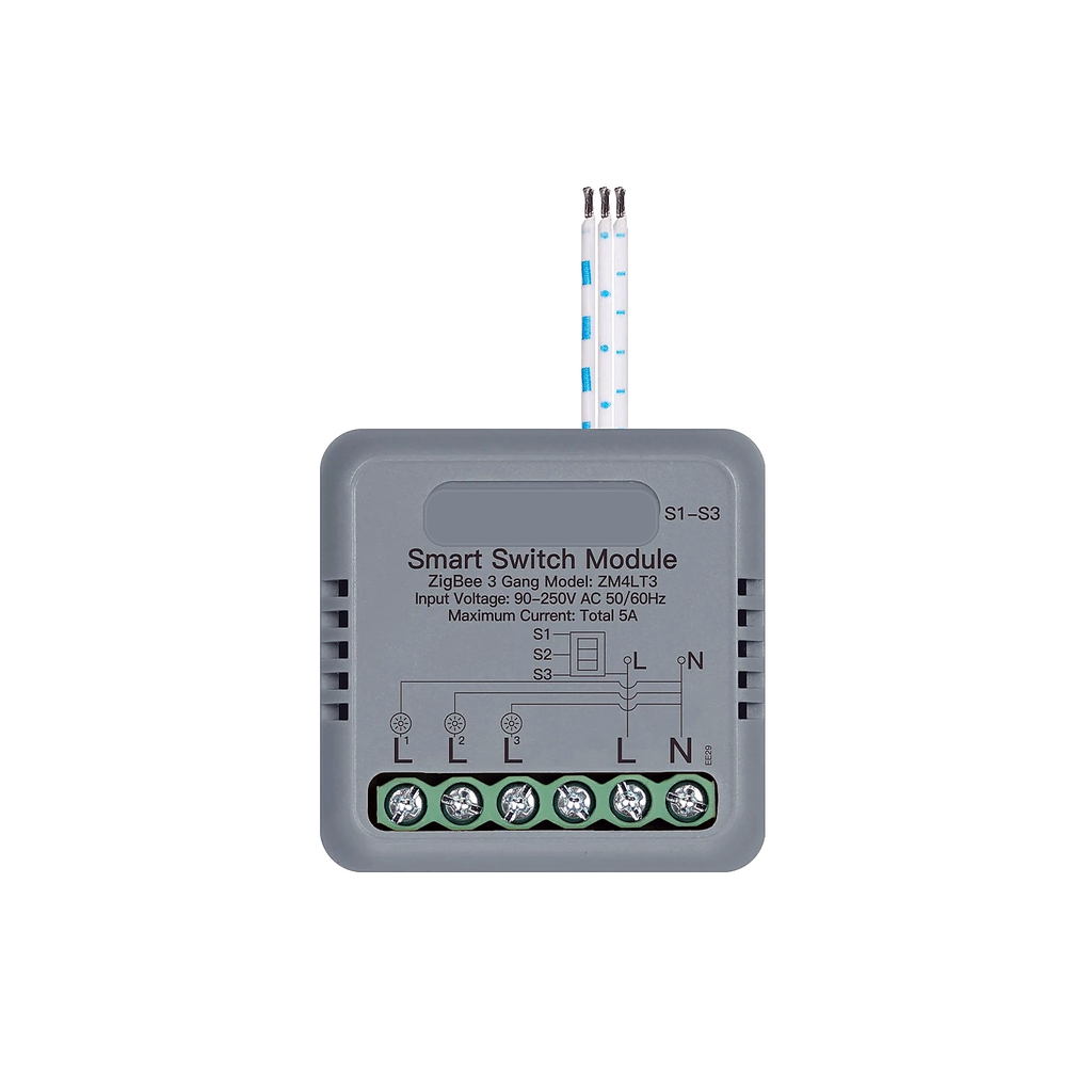 Module interrupteur connecté NéoRelay Compact Comfort ZigBee 3 voies sur fond blanc